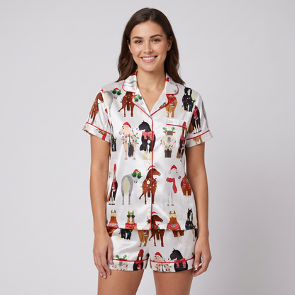 Horsin' Around Christmas Women's Pajama Set - short sleeve and shorts