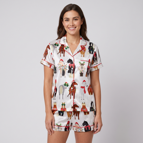 Horsin' Around Christmas Women's Pajama Set - short sleeve and shorts