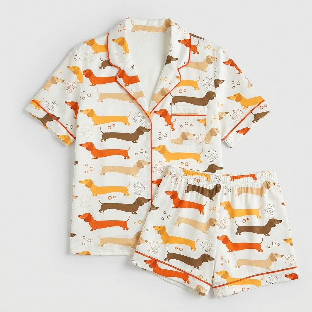 Women's satin pajama set with rows of tangerine, caramel and golden yellow dachshunds on white - flat lay