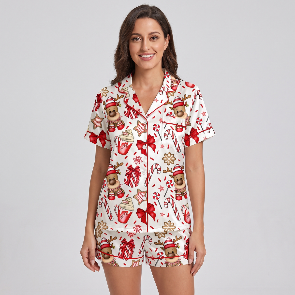 Candy Cane Reindeer Women's Pajama Set - short sleeve and shorts
