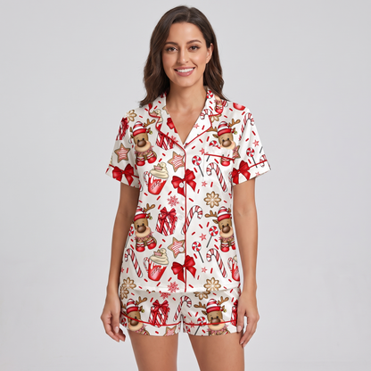 Candy Cane Reindeer Women's Pajama Set - short sleeve and shorts