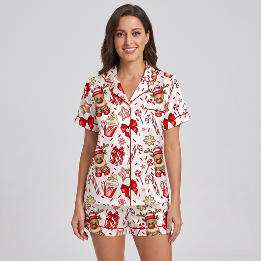 Candy Cane Reindeer Women's Pajama Set - short sleeve and shorts