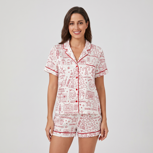 Merry Christmas Red Doodles Women's Pajama Set - short sleeve and shorts