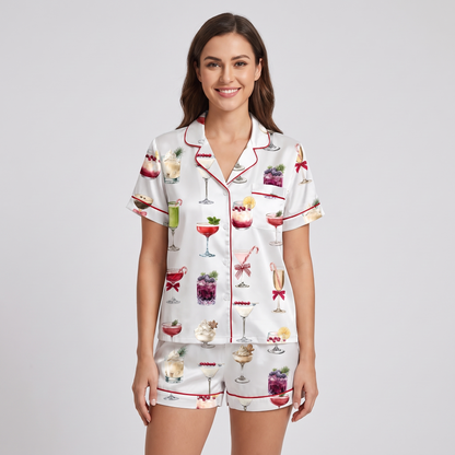 Christmas Cocktail Menu Women's Pajama Set - short sleeve and shorts