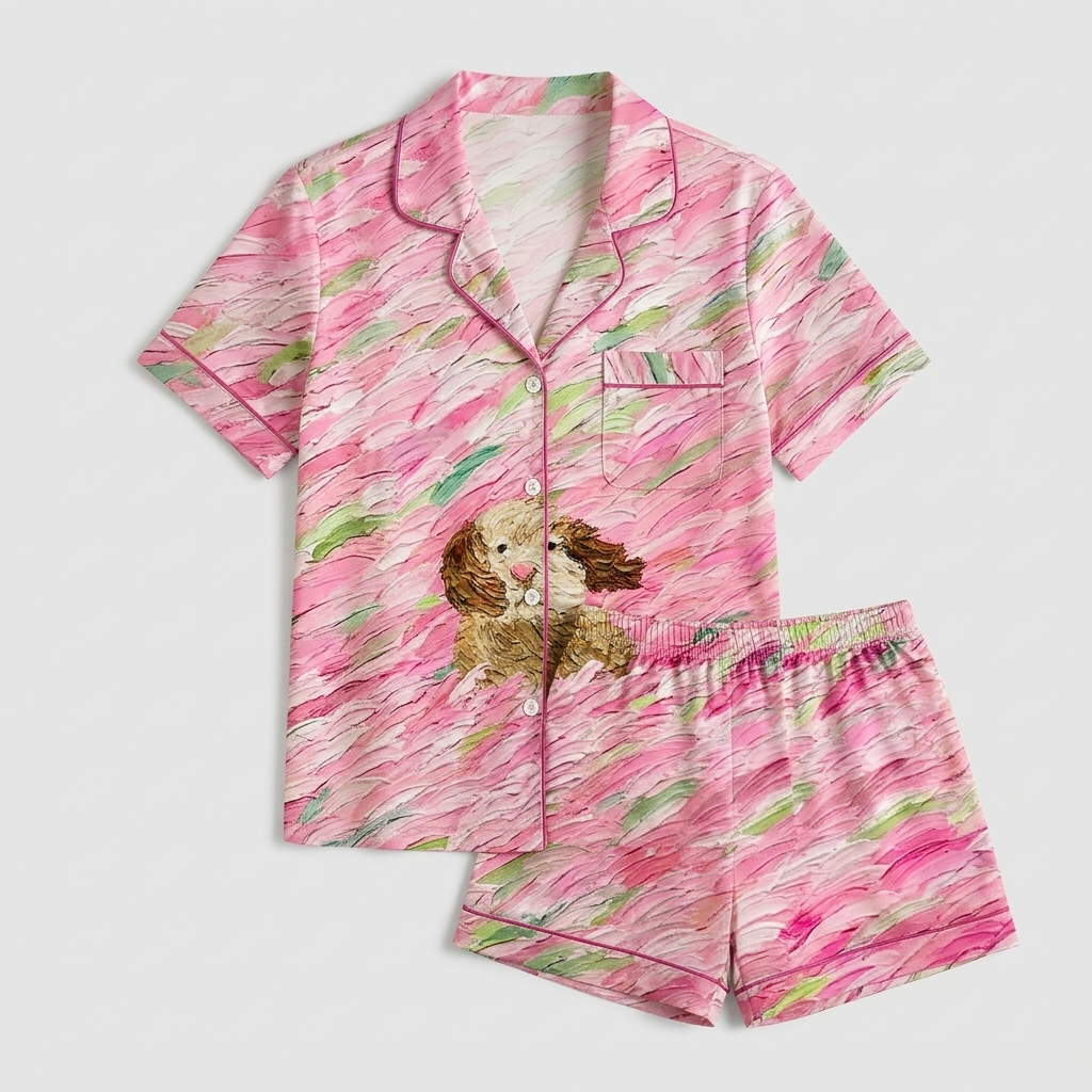 Women's satin pajama set with a caramel cocker spaniel in rose and blush brushstrokes - flat lay