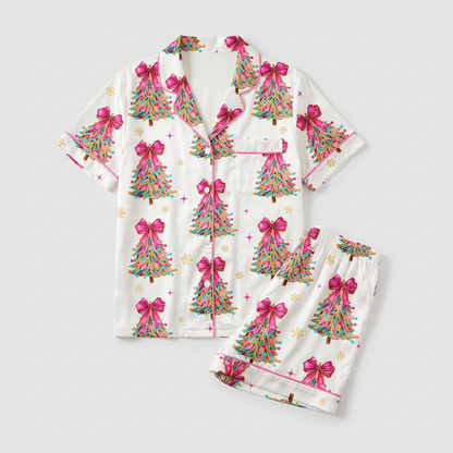 Glitter Bow Trees Women's Pajama Set - flat lay