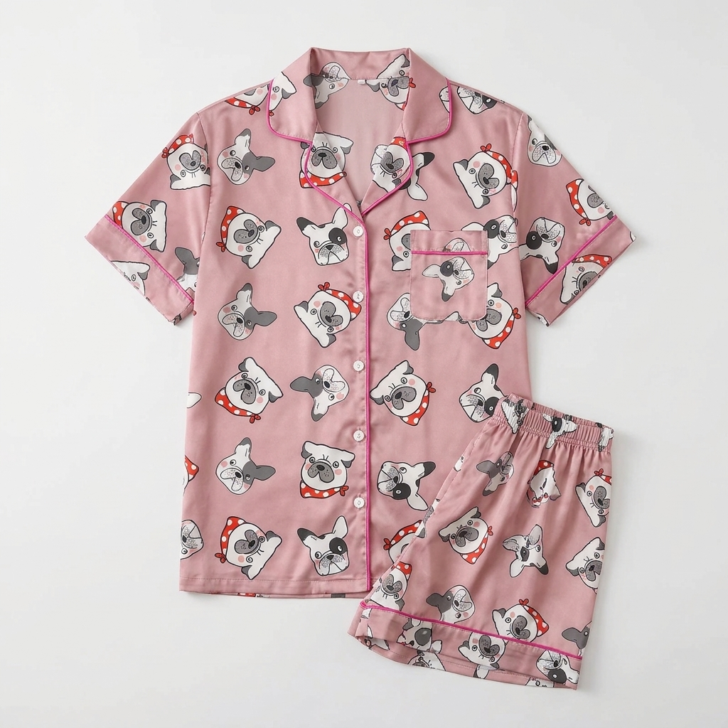 Women's satin pajama set with squishy French bulldog faces in red heart bows on soft pink - flat lay