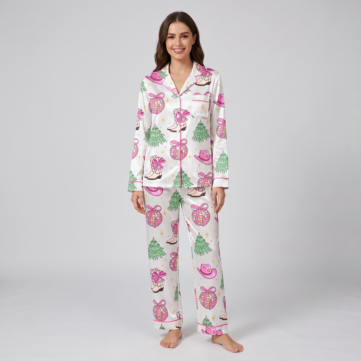 Disco Cowgirl Christmas Women's Pajama Set - long sleeve and pants