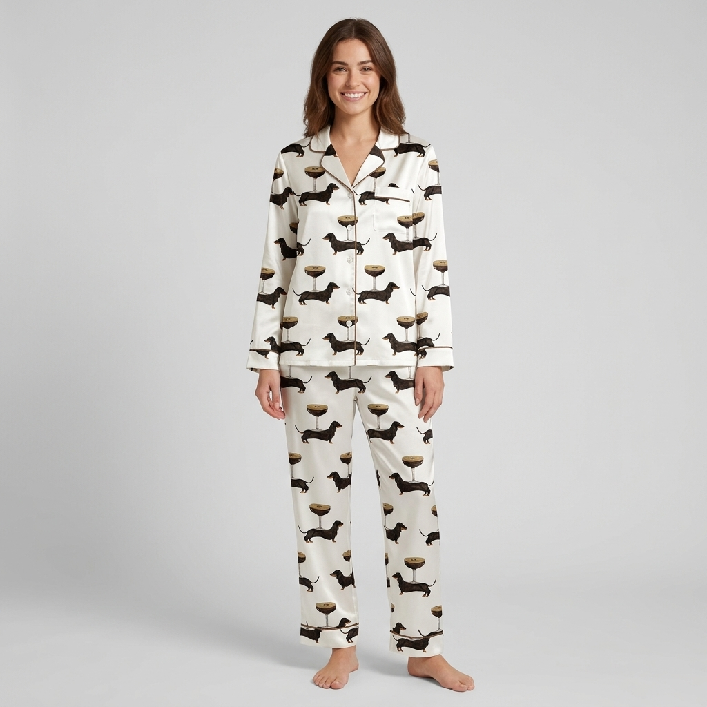 Women's satin pajama set with black dachshunds beside espresso martinis topped with coffee beans on white - long sleeve and pants