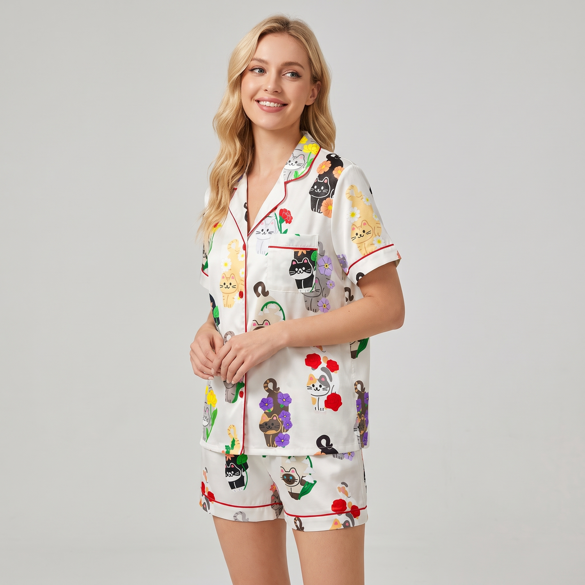 Birth Flower Cats Women's Pajama Set - short sleeve and shorts