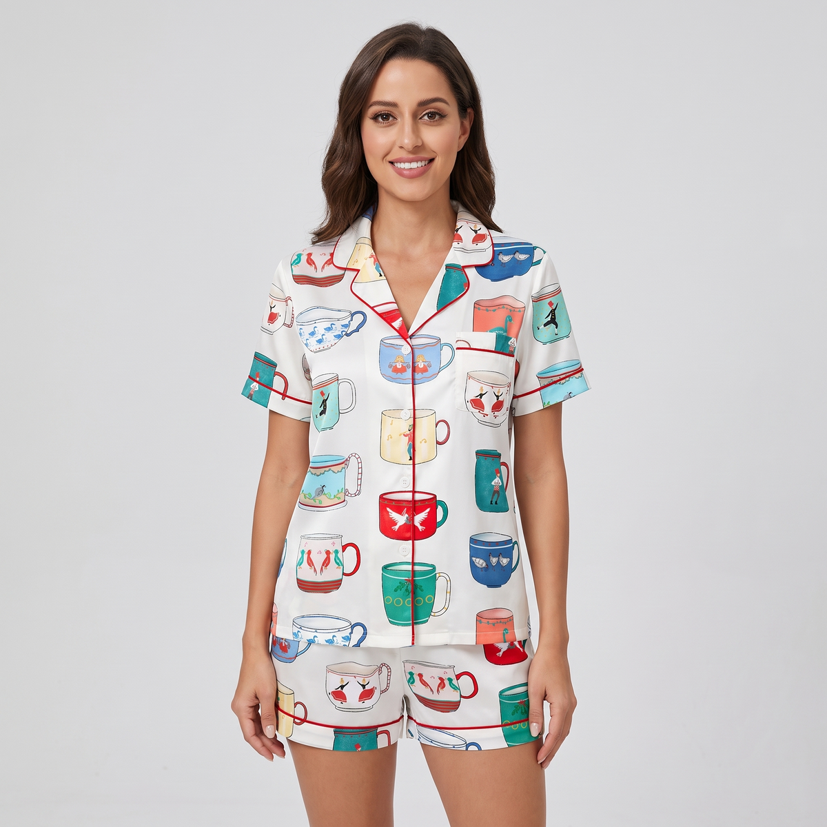 Christmas Coffee Mugs Women's Pajama Set - short sleeve and shorts
