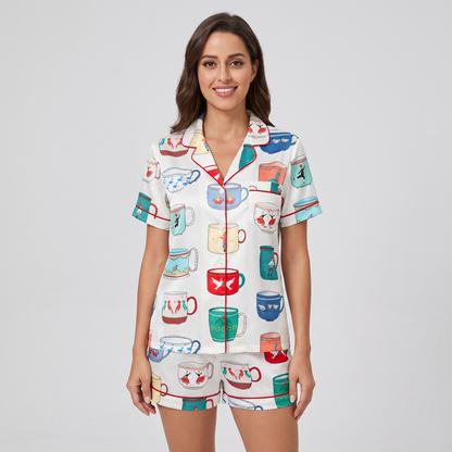Christmas Coffee Mugs Women's Pajama Set - short sleeve and shorts