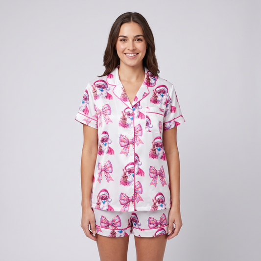 Pink Santa Bubblegum Women's Pajama Set - short sleeve and shorts