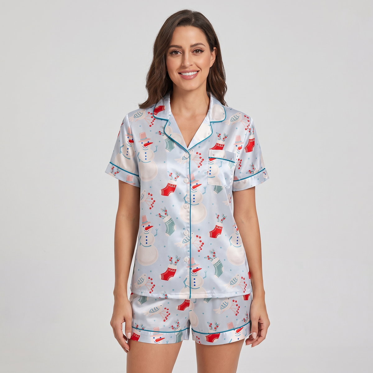 Frosty Blue Christmas Women's Pajama Set - short sleeve and shorts
