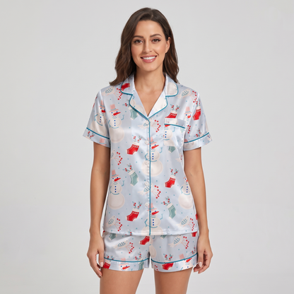 Frosty Blue Christmas Women's Pajama Set - short sleeve and shorts