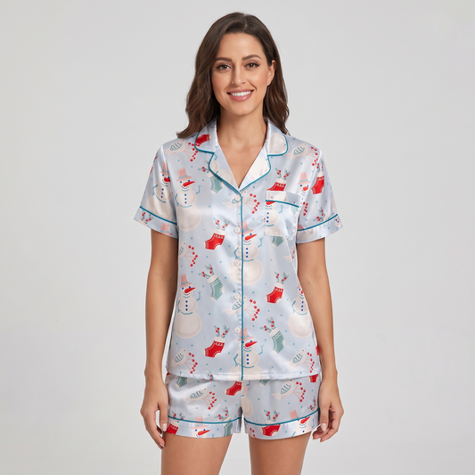 Frosty Blue Christmas Women's Pajama Set - short sleeve and shorts