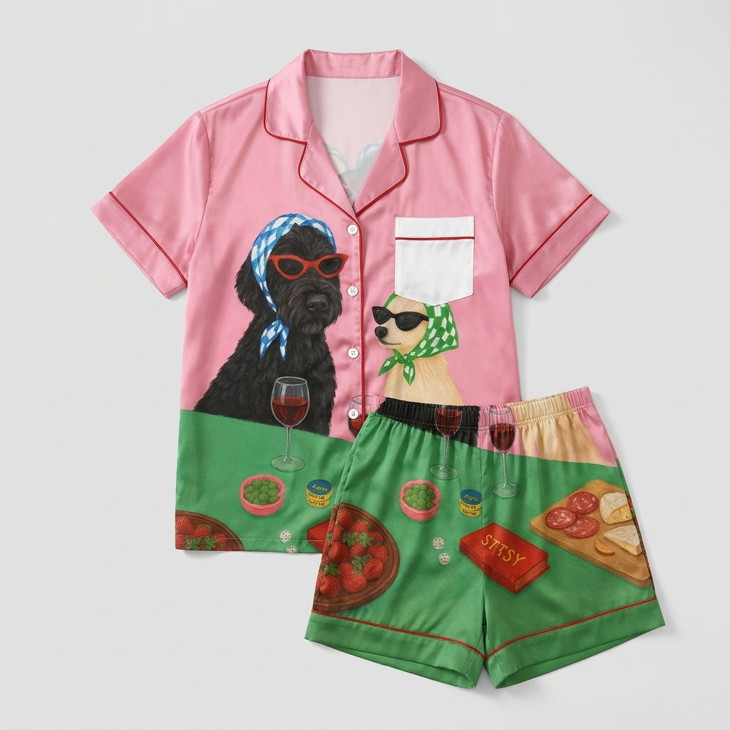Women's satin pajama set with a black dog in cat-eye sunglasses and a golden dog in a scarf with wine on pink - flat lay