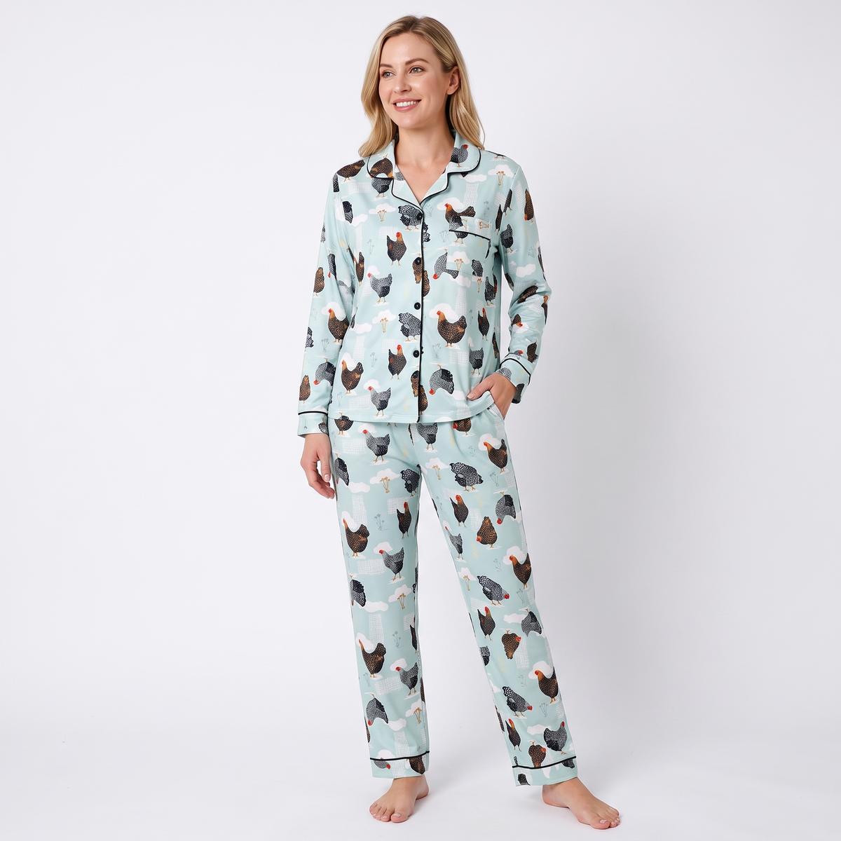 Hen House Women's Pajama Set - Mint Hens - long sleeve and pants