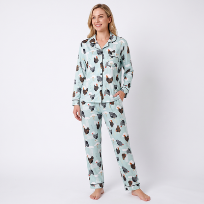 Hen House Women's Pajama Set - Mint Hens - long sleeve and pants