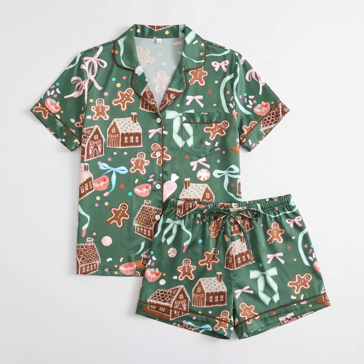 Green Gingerbread Village Women's Pajama Set - flat lay