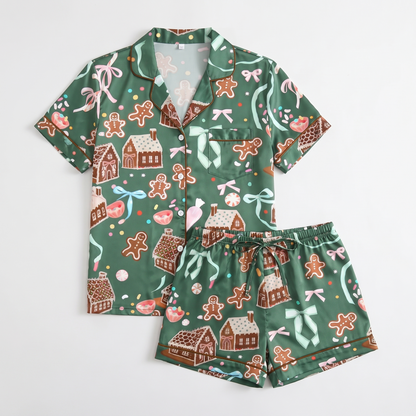 Green Gingerbread Village Women's Pajama Set - flat lay