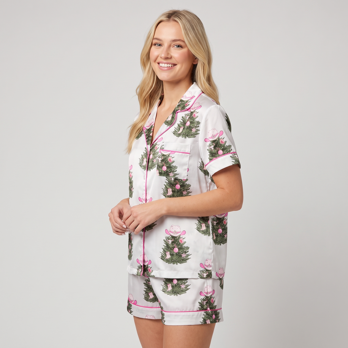 Holly Dolly Bow Trees Women's Pajama Set - short sleeve and shorts