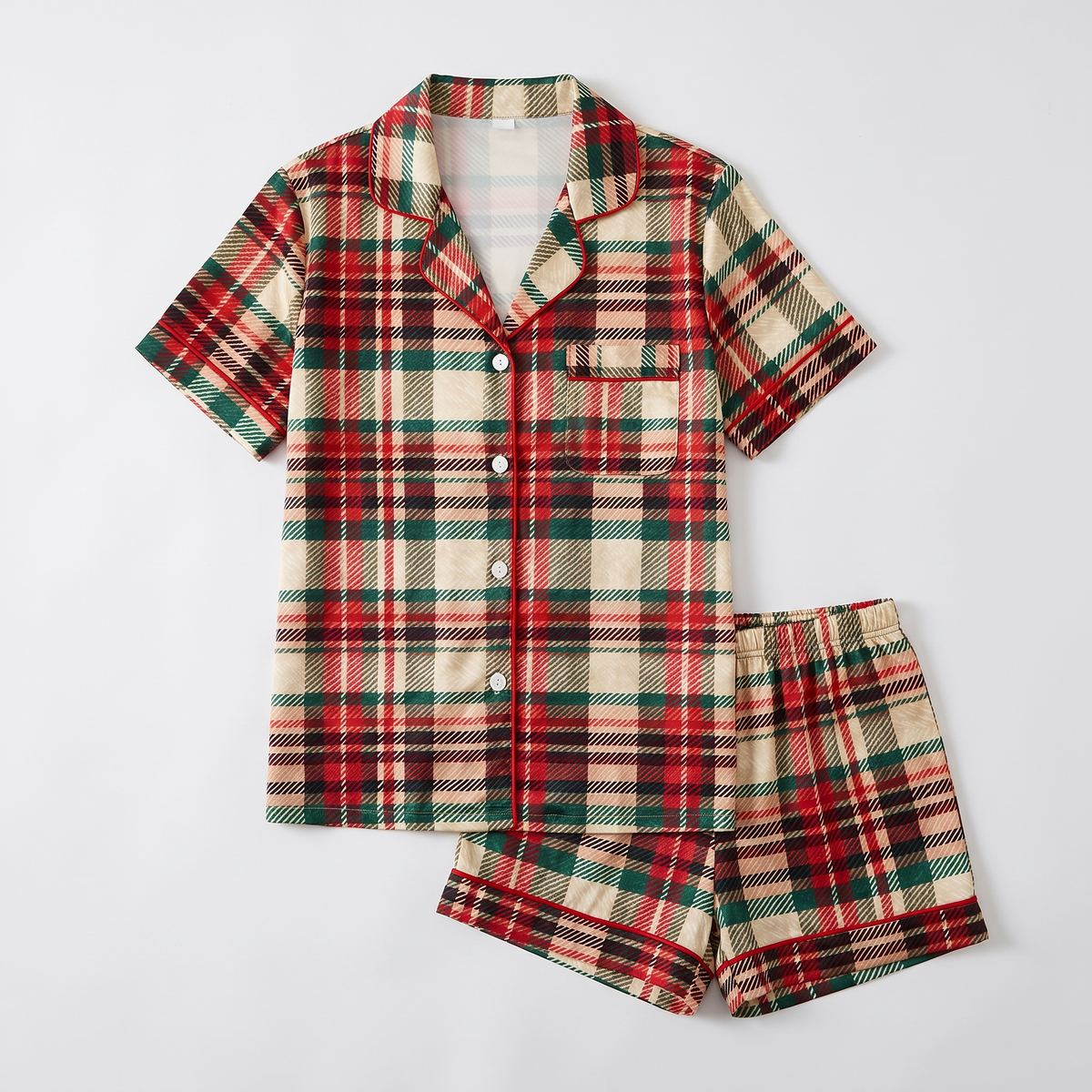 Cream Christmas Plaid Women's Pajama Set - flat lay