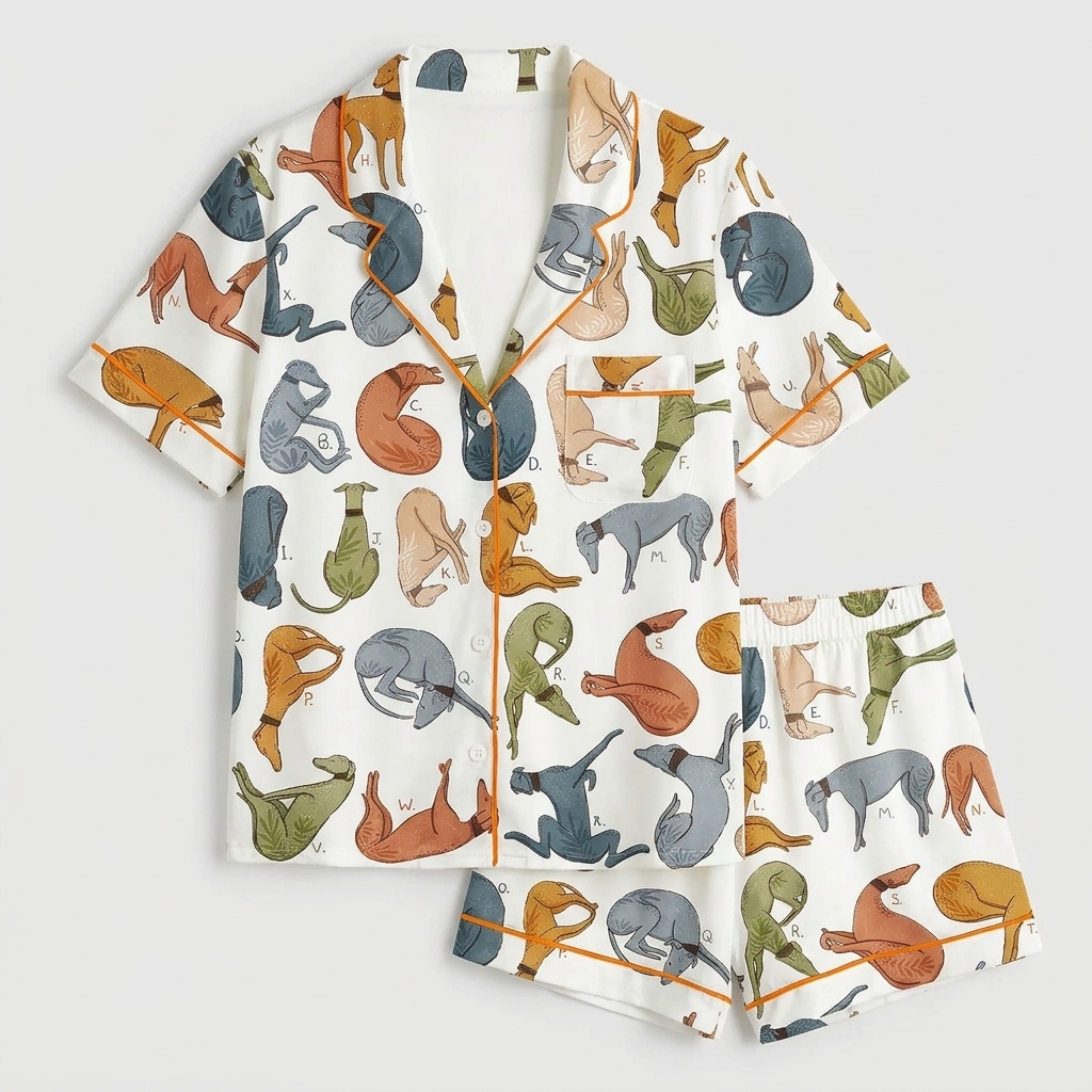 Women's satin pajama set with sleeping greyhounds and whippets in rust, slate and olive on white - flat lay