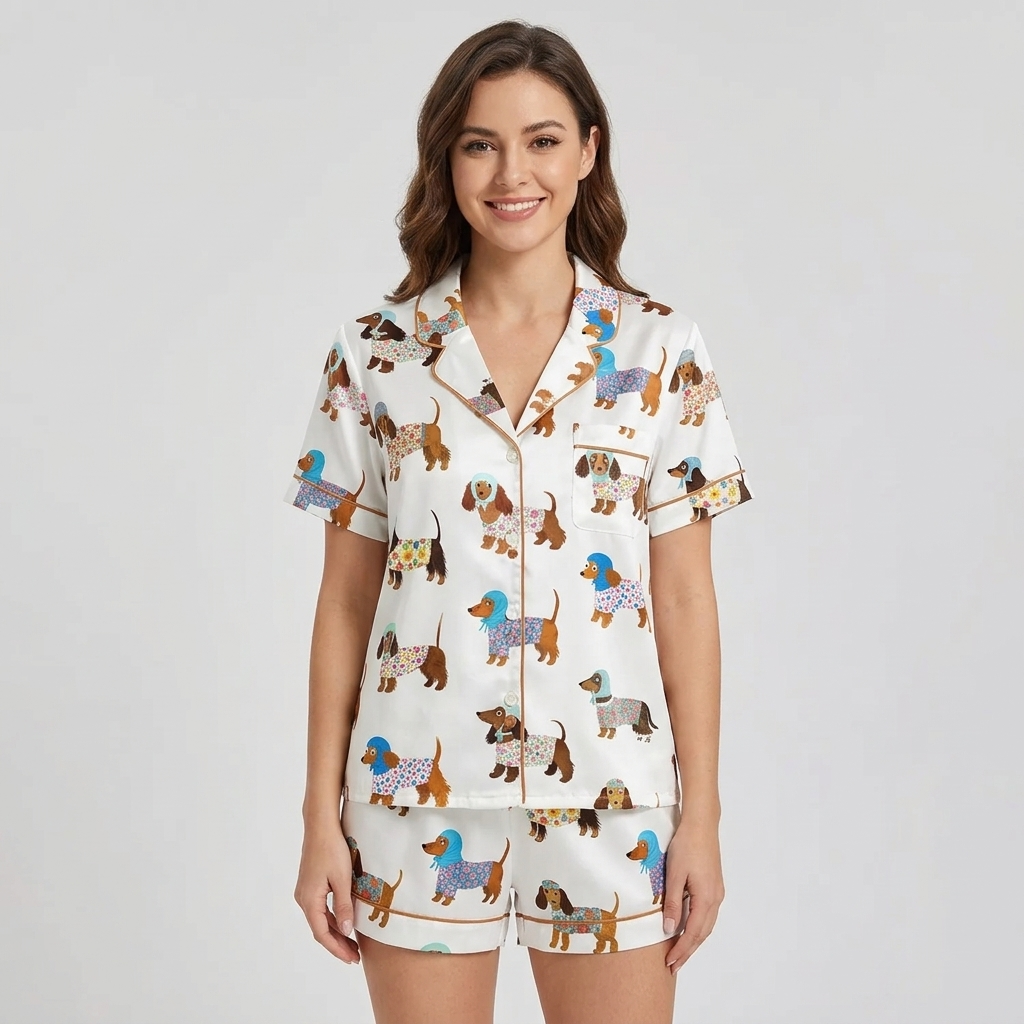 Women's satin pajama set with dachshunds in flower-print sweaters and little bonnets on white - short sleeve and shorts