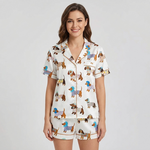 Women's satin pajama set with dachshunds in flower-print sweaters and little bonnets on white - short sleeve and shorts