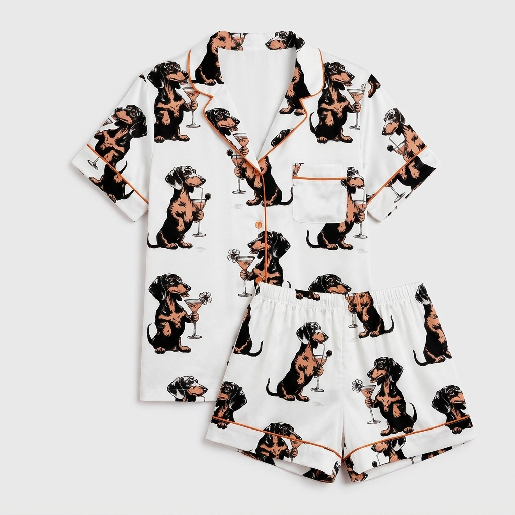 Women's long-sleeve satin pajama set with black-and-tan dachshunds raising martini glasses on white - flat lay