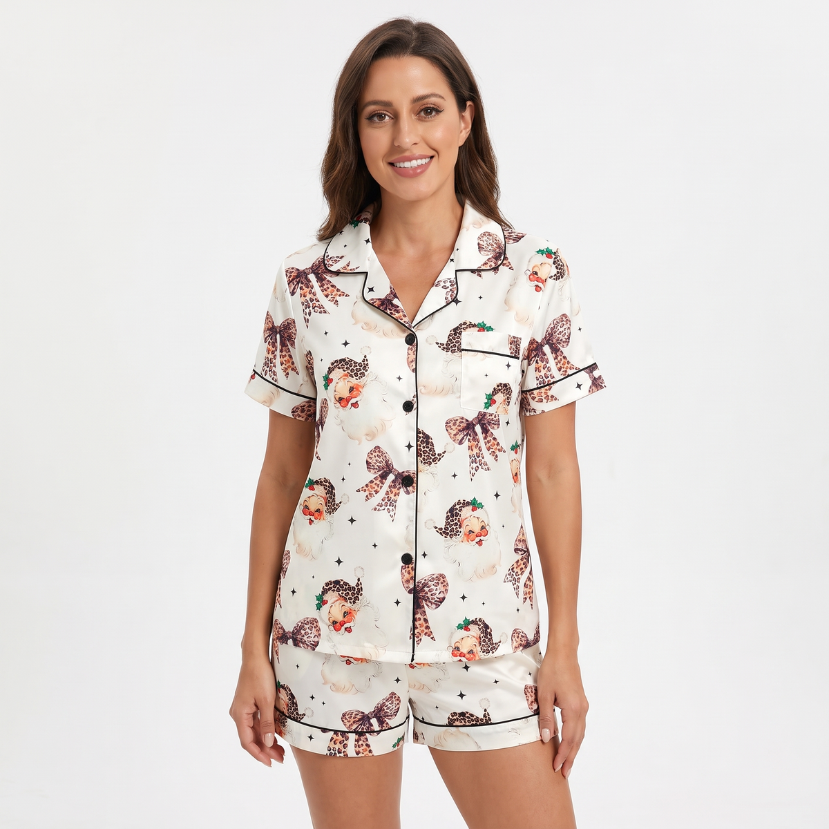 Leopard Bow Santa Women's Pajama Set - short sleeve and shorts