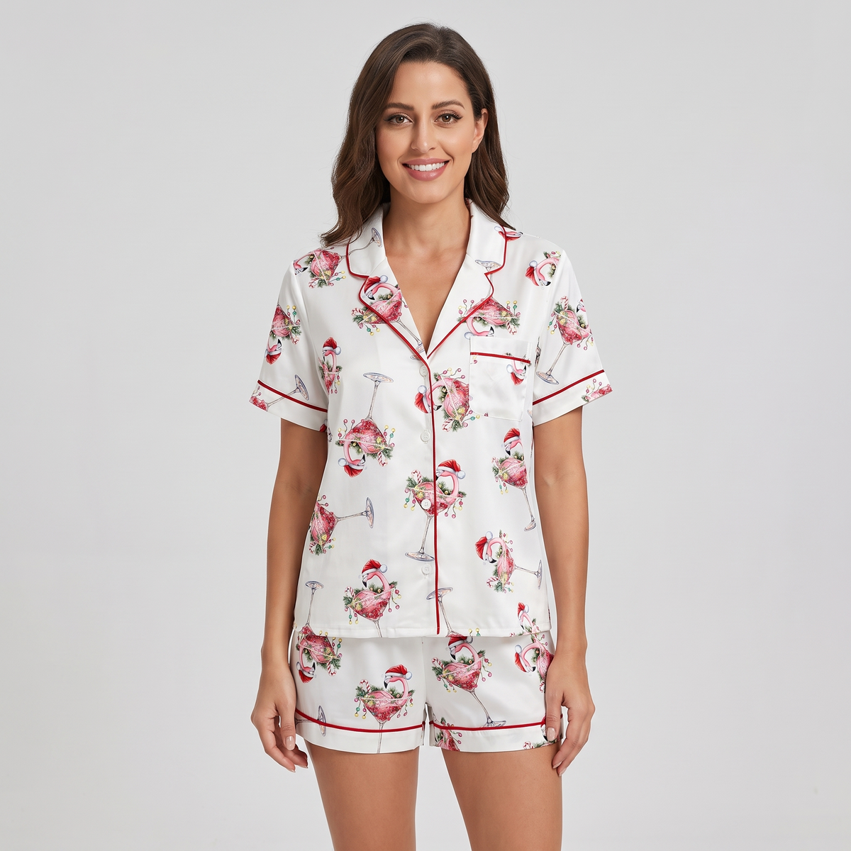 Flamingo Cocktail Party Women's Pajama Set - short sleeve and shorts