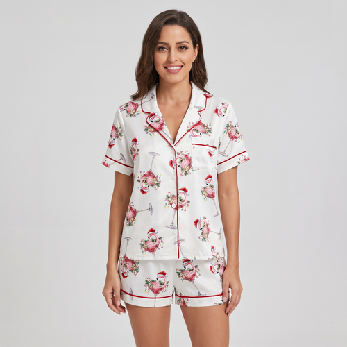 Flamingo Cocktail Party Women's Pajama Set - short sleeve and shorts
