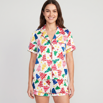 Rainbow Christmas Trees Women's Pajama Set - short sleeve and shorts