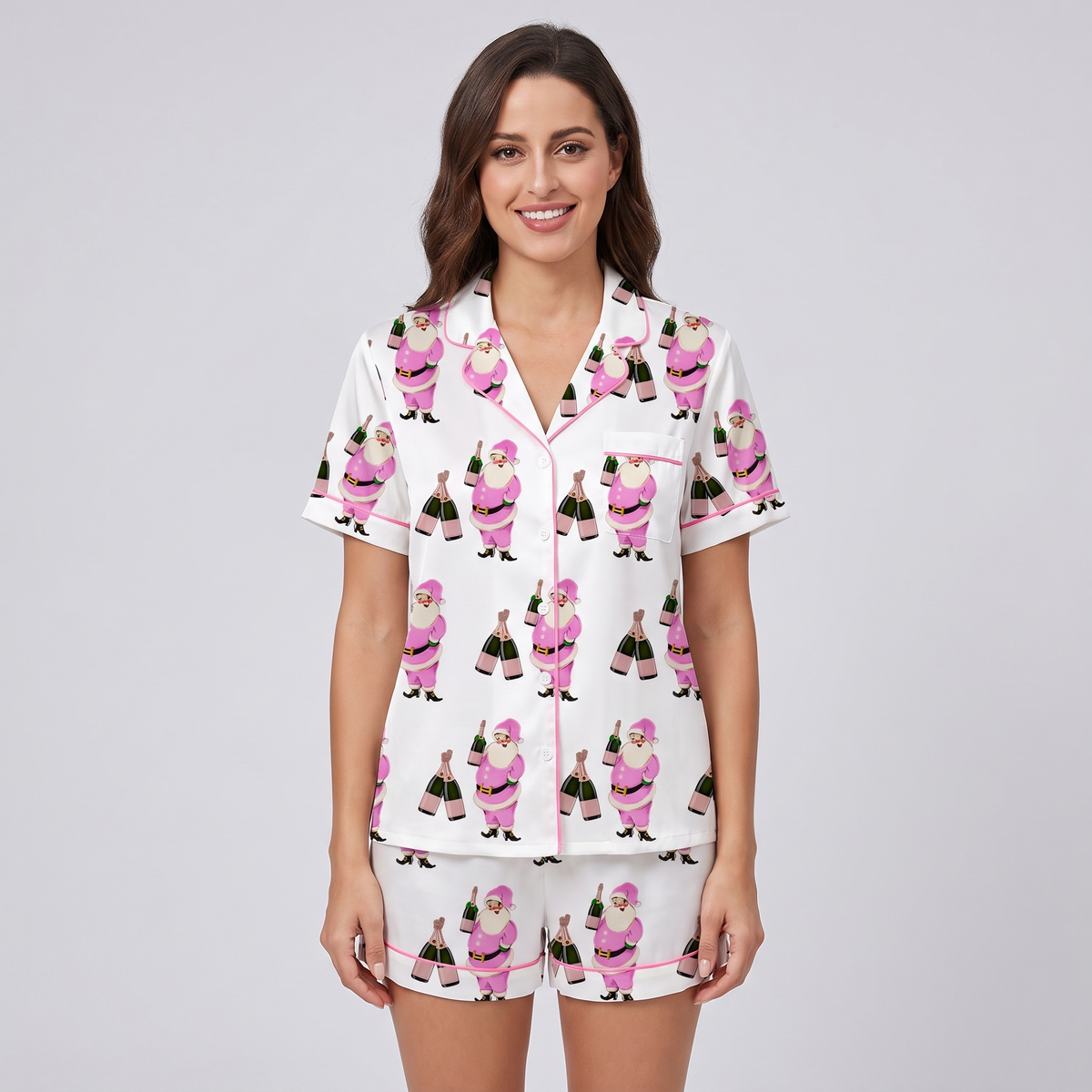 Pink Santa Champagne Women's Pajama Set - short sleeve and shorts
