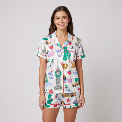 New York Christmas Doodles Women's Pajama Set - short sleeve and shorts