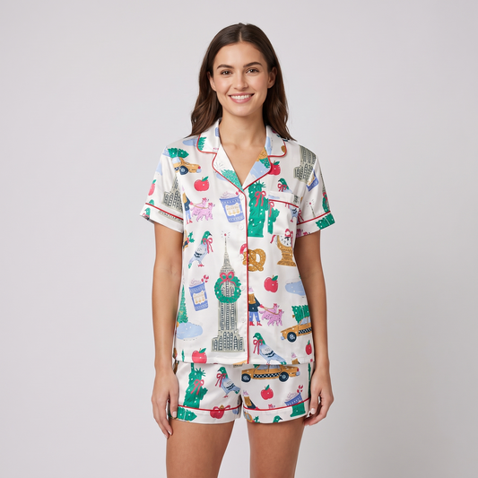 New York Christmas Doodles Women's Pajama Set - short sleeve and shorts