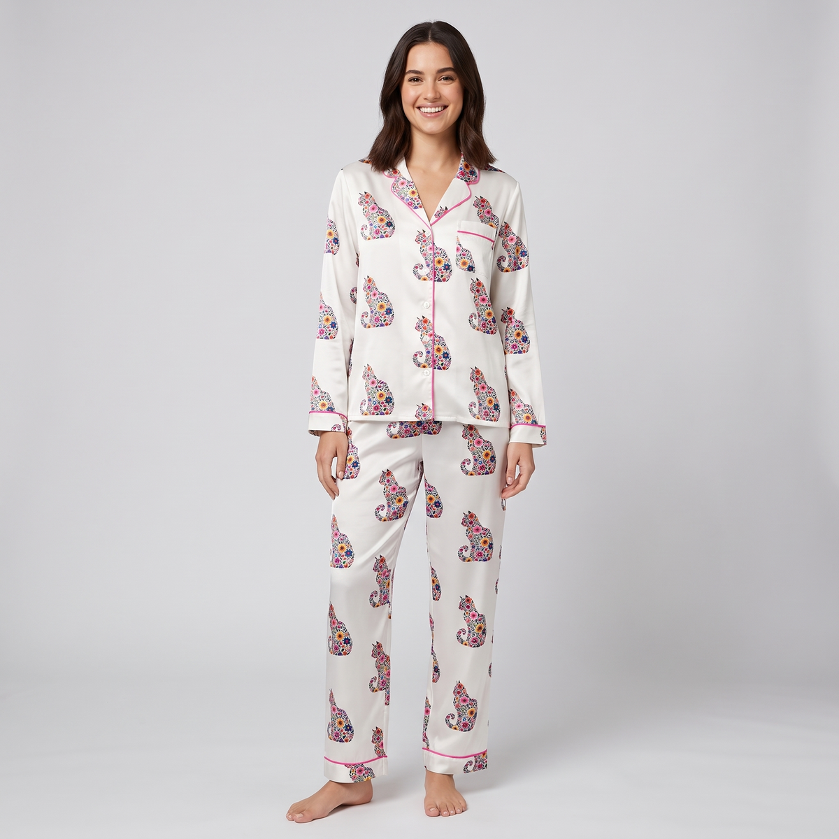 Folk Floral Cats Women's Pajama Set - long sleeve and pants
