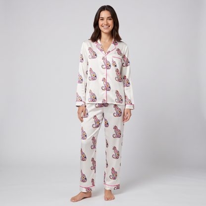 Folk Floral Cats Women's Pajama Set - long sleeve and pants