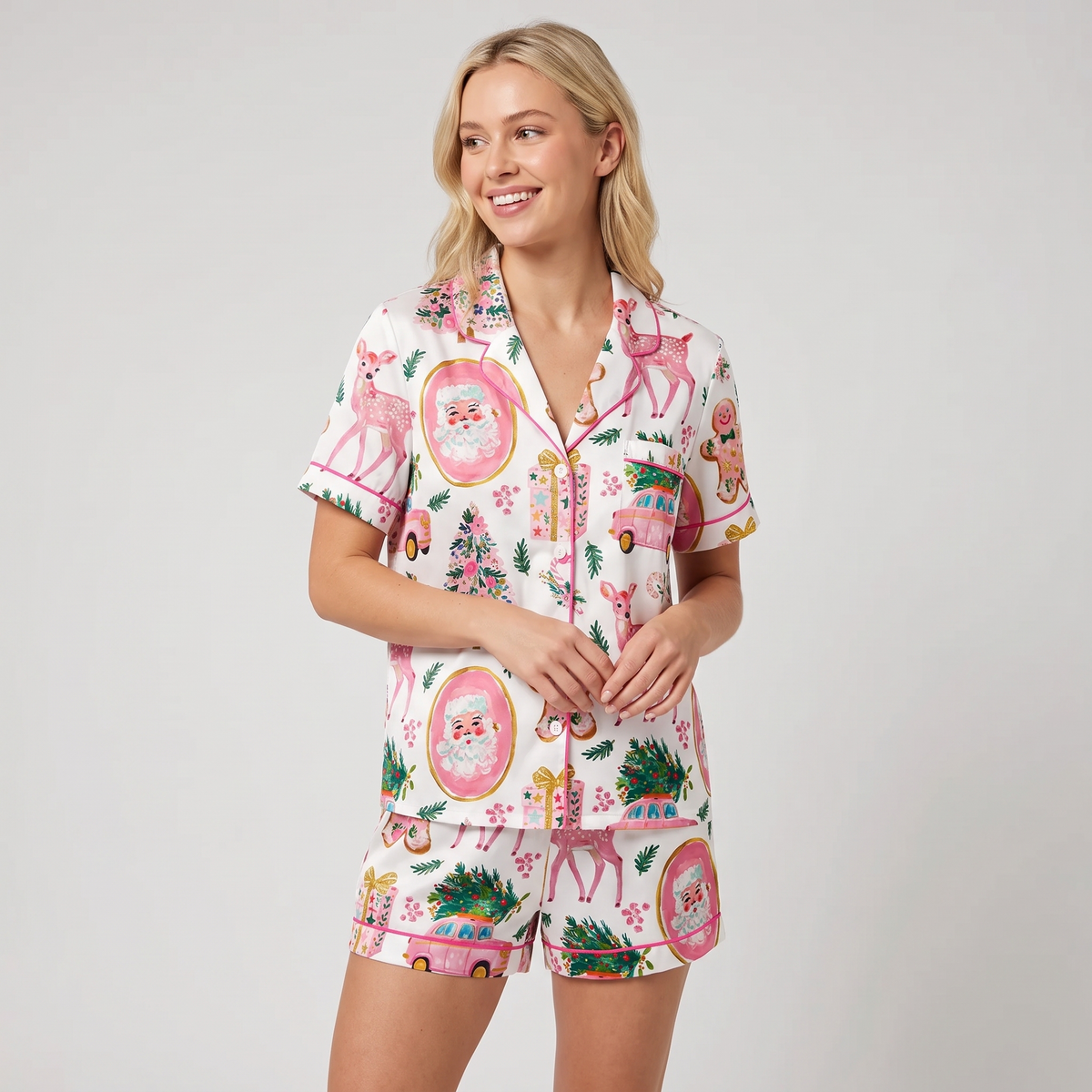 Pink Santa Road Trip Women's Pajama Set - short sleeve and shorts