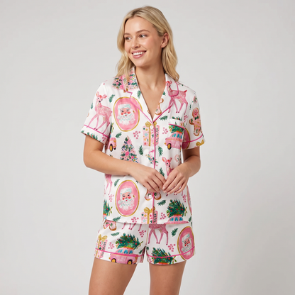 Pink Santa Road Trip Women's Pajama Set - short sleeve and shorts
