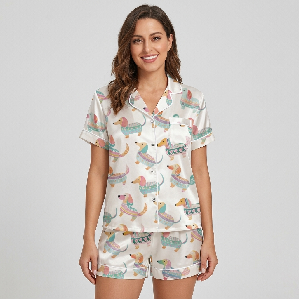 Women's satin pajama set with watercolor dachshunds in knit sweaters in mint, teal and blush on white - short sleeve and shorts