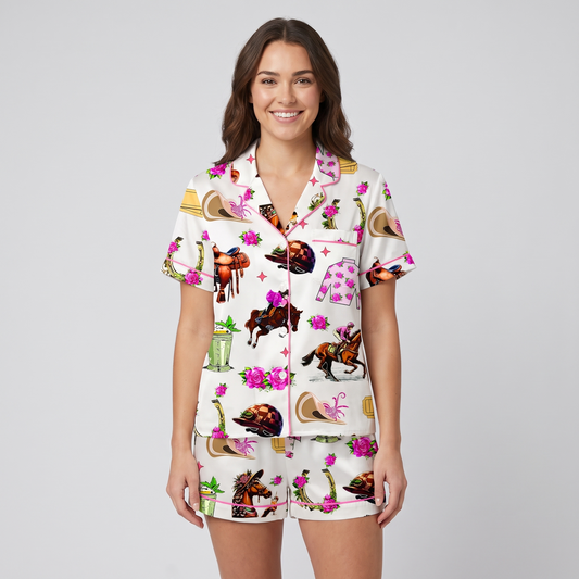 Hot Pink Saddle Roses Horse Women's Pajama Set - short sleeve and shorts