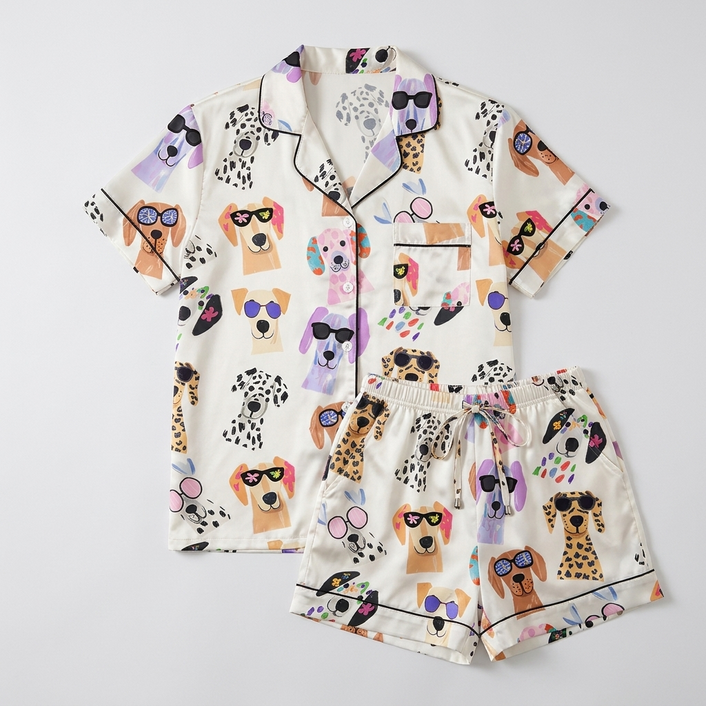 Women's satin pajama set with Labradors and dalmatians in bold sunglasses with confetti and party horns on white - flat lay