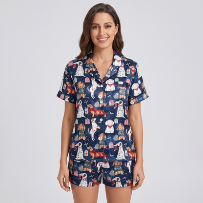 Navy Christmas Dogs Women's Pajama Set - short sleeve and shorts