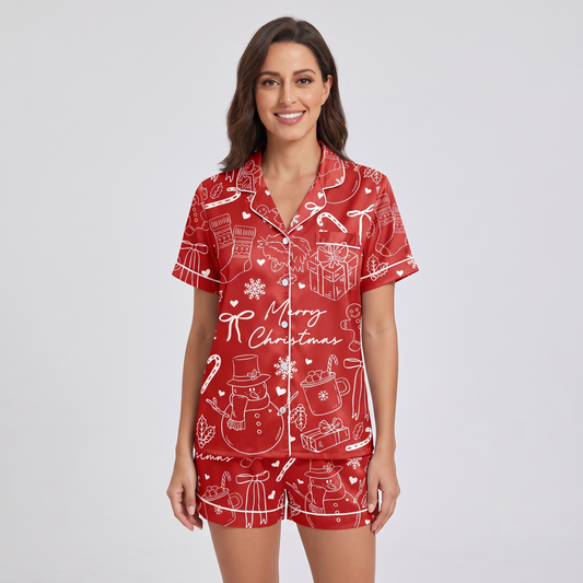 Merry Christmas Red Sketch Women's Pajama Set - short sleeve and shorts