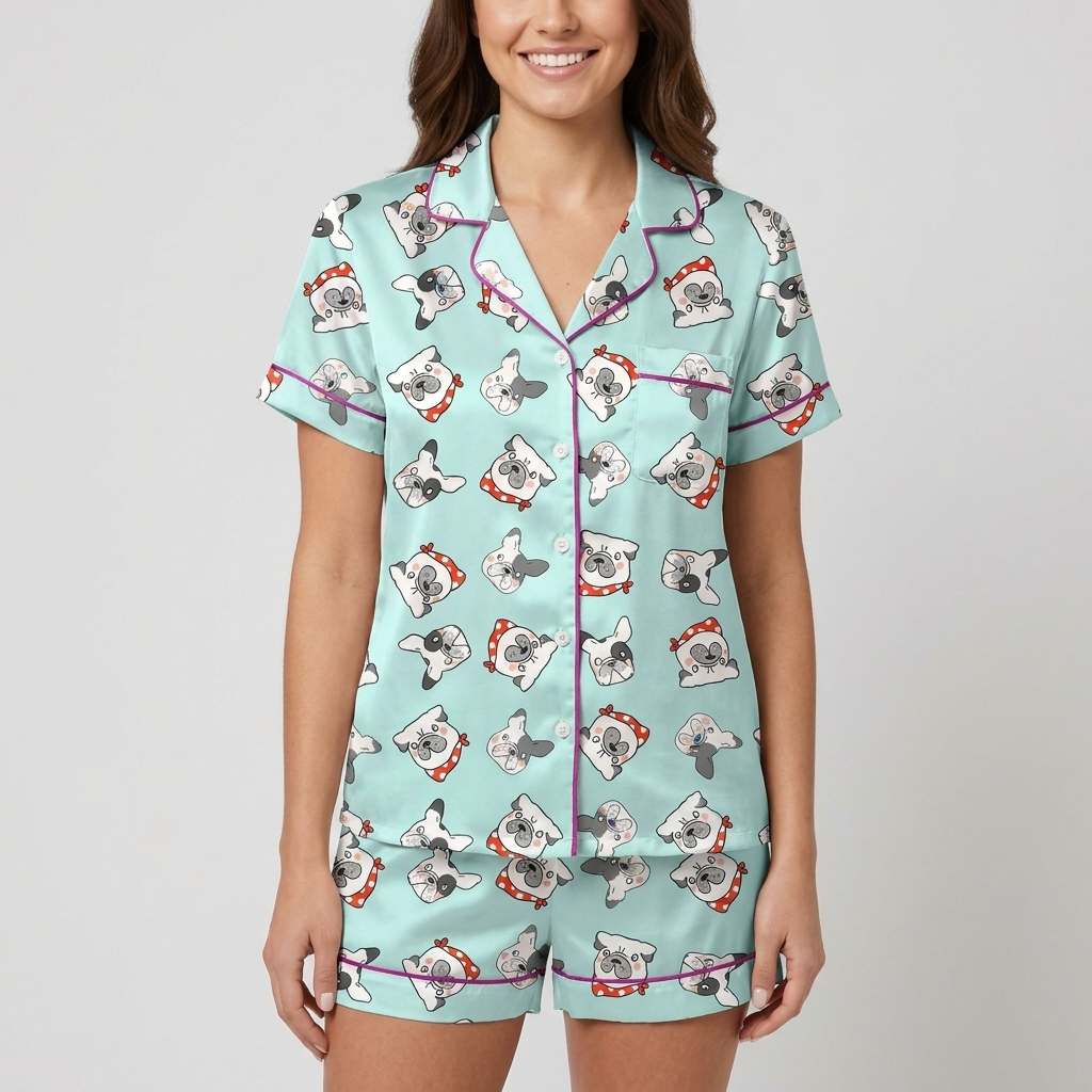 Pink French Bulldog Faces Women's Pajama Set - Blue short sleeve and shorts