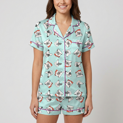 Pink French Bulldog Faces Women's Pajama Set - Blue short sleeve and shorts