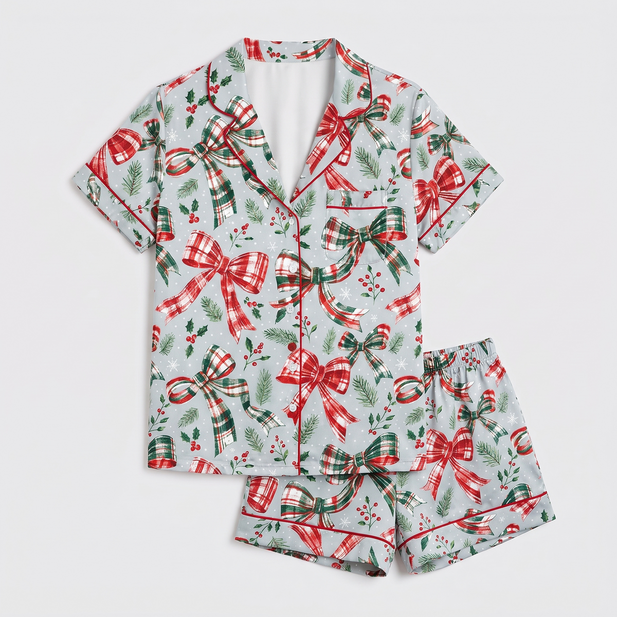 Plaid Ribbon Bows Women's Pajama Set - flat lay